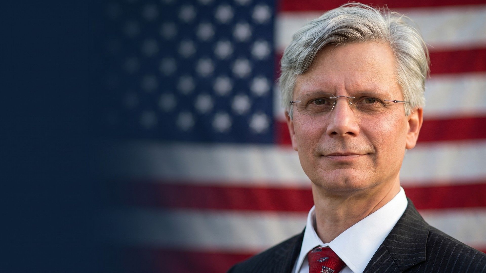 Robert Murray standing in front of an American flag